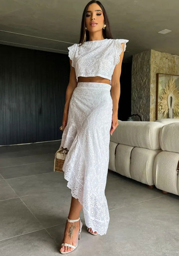 Lace sleeveless women's sexy Open Waist Holidays asymmetric Two Pieces skirt set