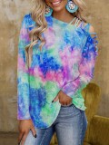 Spring and autumn tie-dye printed long-sleeved slash-shoulder casual loose t-shirt