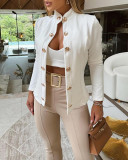 Women White Metal Button Decoration Stand Collar Long Sleeve Jacket