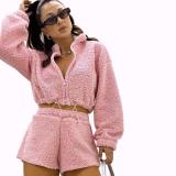 Autumn and Winter Women's Fluffy Casual zipper long sleeve two piece shorts Set