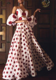 Off Shoulder bubble sleeve fishbone polka dot women's long dress