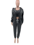 Women's autumn and winter fashion hooded zipper hoodies vest sweatpants sports Three-Piece set