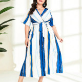 Plus Size Women's Spring Summer Fashion Color Block Striped Printed Lace Sexy V-Neck Short Sleeve Dress