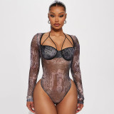 Sexy See-Through Mesh print Halter Neck long sleeve Tight Fitting women's sexy jumpsuit