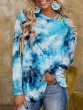 Spring and autumn tie-dye printed long-sleeved slash-shoulder casual loose t-shirt