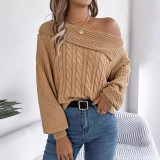 Autumn and winter casual sexy Turndown Collar off-shoulder twisted long-sleeved pullover sweater