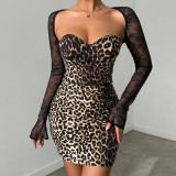 Autumn sexy fashion See-Through Lace Bell Bottom long-sleeved leopard print Bodycon dress