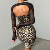 Autumn sexy fashion See-Through Lace Bell Bottom long-sleeved leopard print Bodycon dress