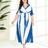 Plus Size Women's Spring Summer Fashion Color Block Striped Printed Lace Sexy V-Neck Short Sleeve Dress