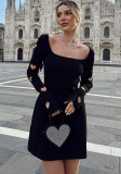 Autumn Fashion Slim Heart hollow Women Long Sleeve knitting Dress