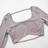 Women's Round Neck Sexy Crop long Sleeve Low Back Top T-shirt