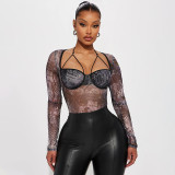 Sexy See-Through Mesh print Halter Neck long sleeve Tight Fitting women's sexy jumpsuit