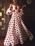 Off Shoulder bubble sleeve fishbone polka dot women's long dress