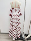 Off Shoulder bubble sleeve fishbone polka dot women's long dress