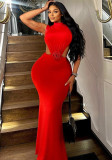 Women's fashion solid color dress sexy Round Neck sleeveless Open Waist Low Back slim long dress