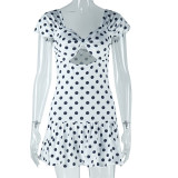 Women's fashion polka dot print sexy hollow off-shoulder short-sleeved casual bubble dress