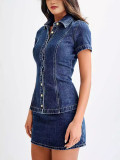 Women's Denim Short-sleeved button tight slim top high waist skirt two piece set