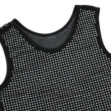 Women Sexy Sleeveless Round Neck See-Through Beaded Casual Crop Top