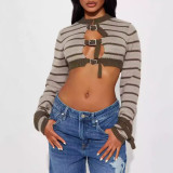 Women Knitting Striped Button Long Sleeve Crop Top