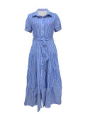 Plus Size Women Striped Belt Button-Down Shirt Collar Dress