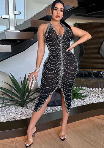 Women Beaded Sexy Backless Slit Dress