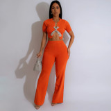 Women Short-sleeved Crop Top and Bell Bottom Pants Two-piece Set