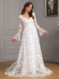 Women Fall and Winter Long Sleeve V-Neck Large Swing Trailing Lace Wedding Dress