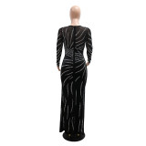 Women Beaded Sexy See-Through Mesh Patchwork Velvet Party Maxi Dress