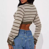 Women Knitting Striped Button Long Sleeve Crop Top