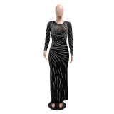 Women Beaded Sexy See-Through Mesh Patchwork Velvet Party Maxi Dress