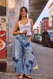 Women Heart Print printed loose street Denim wide leg pants