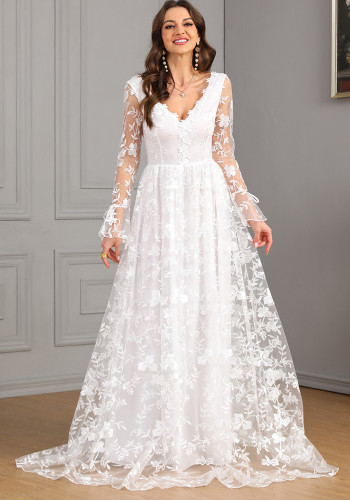 Women Fall and Winter Long Sleeve V-Neck Large Swing Trailing Lace Wedding Dress