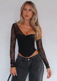 Women Fall All-match Slash Shoulder Lace Patchwork Top