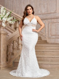 Plus Size Women Sexy White Suspender V-Neck Trailing Wedding Dress