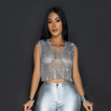 Women Sexy Sleeveless Round Neck See-Through Beaded Casual Crop Top