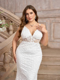 Plus Size Women Sexy White Suspender V-Neck Trailing Wedding Dress