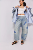 Women Heart Print printed loose street Denim wide leg pants