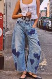 Women Heart Print printed loose street Denim wide leg pants