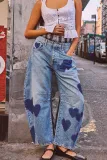 Women Heart Print printed loose street Denim wide leg pants