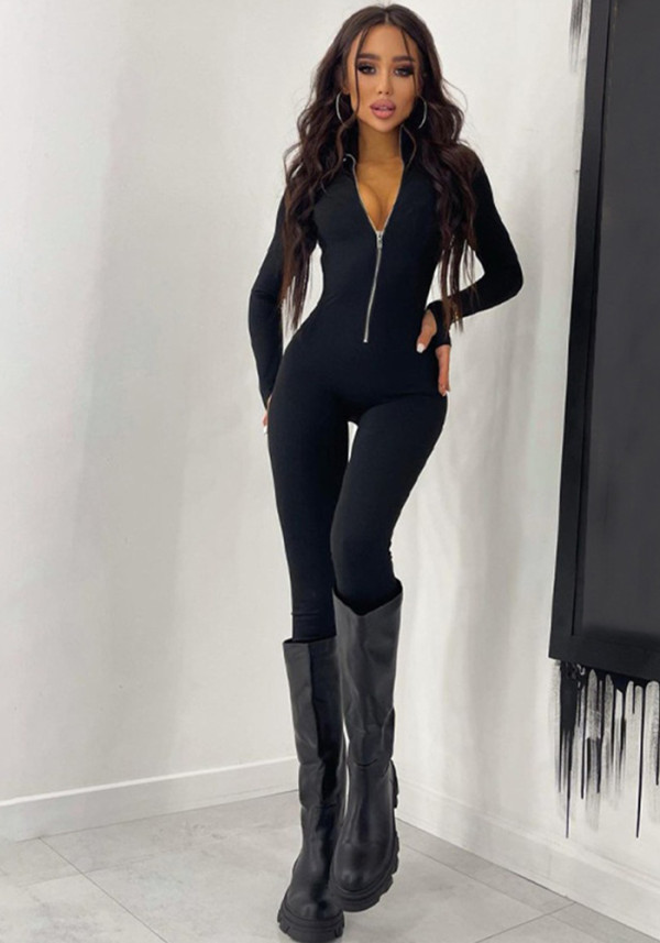 Women long-sleeved metal zipper sports Jumpsuit