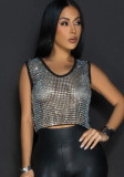 Women Sexy Sleeveless Round Neck See-Through Beaded Casual Crop Top