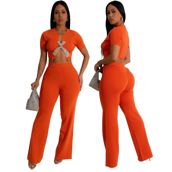 Women Short-sleeved Crop Top and Bell Bottom Pants Two-piece Set