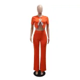 Women Short-sleeved Crop Top and Bell Bottom Pants Two-piece Set