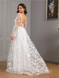 Women Fall and Winter Long Sleeve V-Neck Large Swing Trailing Lace Wedding Dress