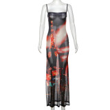 Women Summer Print See-Through Slit Dress