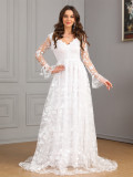 Women Fall and Winter Long Sleeve V-Neck Large Swing Trailing Lace Wedding Dress