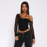 Women Fall All-match Slash Shoulder Lace Patchwork Top