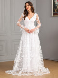 Women Fall and Winter Long Sleeve V-Neck Large Swing Trailing Lace Wedding Dress