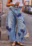 Women Heart Print printed loose street Denim wide leg pants