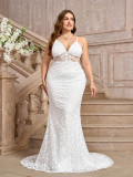 Plus Size Women Sexy White Suspender V-Neck Trailing Wedding Dress